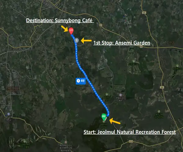 Driving route map from Jeju Jeolmul Natural Recreation Forest to Ansemi Garden and Sunnybong Café, showing a 4.6 km path.
