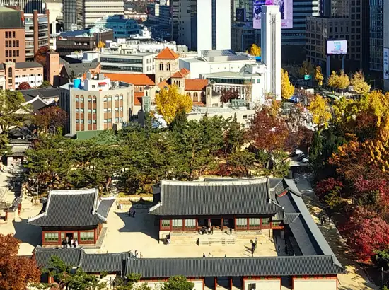 Detailed palace buildings view seen from Jeongdong Observatory visit guide viewpoint overlooking Deoksugung area in autumn scenery