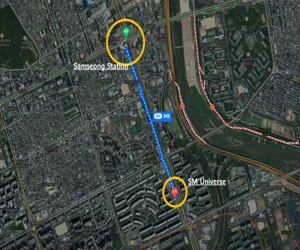 Map showing the walking route from Samseong Station to SM Universe for participants attending the K-POP Dance Class Seoul program.
