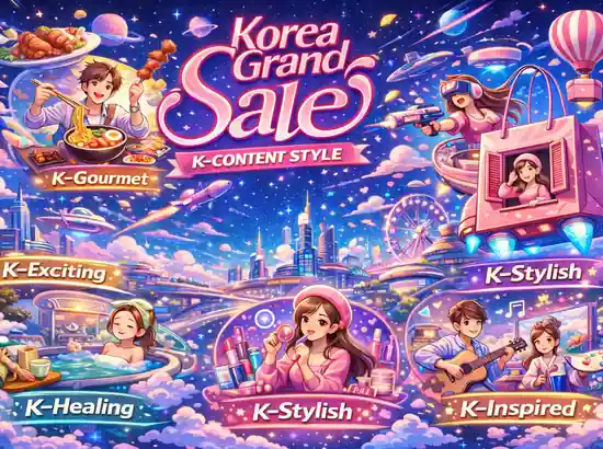 Korea Grand Sale 2026 K-Content Style futuristic cartoon poster with five theme categories in a sci-fi city