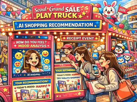 Korea Grand Sale 2026 Play Truck AI mood analysis kiosk cartoon illustration in Seoul