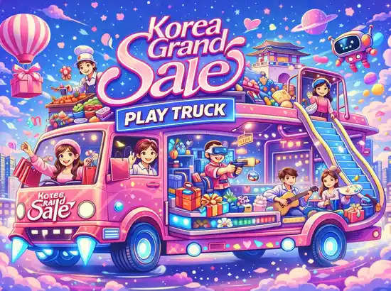 Korea Grand Sale 2026 Play Truck futuristic cartoon poster with a pink event truck, shopping, food, and games