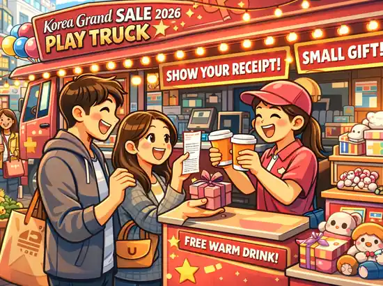 Korea Grand Sale 2026 Play Truck receipt check event with warm drink and small gift cartoon illustration