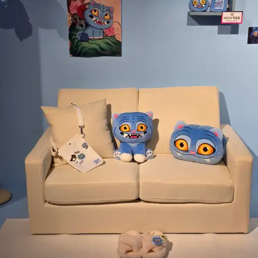 K-Pop Demon Hunters Pop-Up Store merchandise display featuring plush dolls and themed items arranged on a sofa