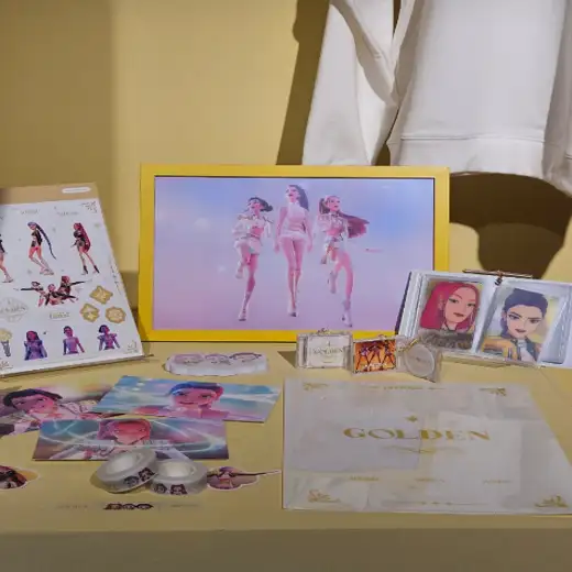 K-Pop Demon Hunters Pop-Up Store merchandise set including framed character artwork, stickers, photo cards, and themed accessories