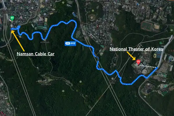 Route map for the namsan north loop trail showing the path between Namsan Cable Car and the National Theater of Korea