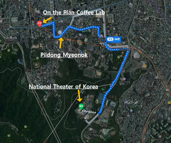 Route map for the namsan north loop trail showing connections from the National Theater of Korea to Pildong Myeonok and On the Plan Coffee Lab