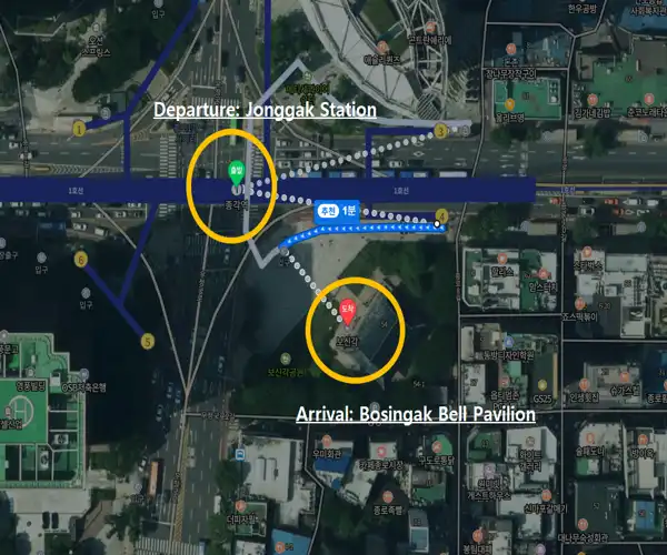 Walking route from Jonggak Station to Bosingak Bell Pavilion for the New Year Bell-Ringing ceremony, 1-minute walking distance map