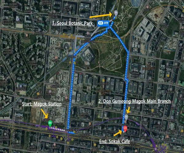 Seoul Botanic Park Magok day course route map: Magok Station to Seoul Botanic Park, Don Gumeong Magok Main Branch, and Sokak Cafe.