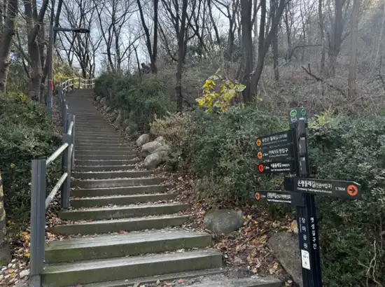 Entrance stair path of Seoul Dullegil 18 Course leading into forest trail in Bukhansan area, showing directional signs for hiking route.
