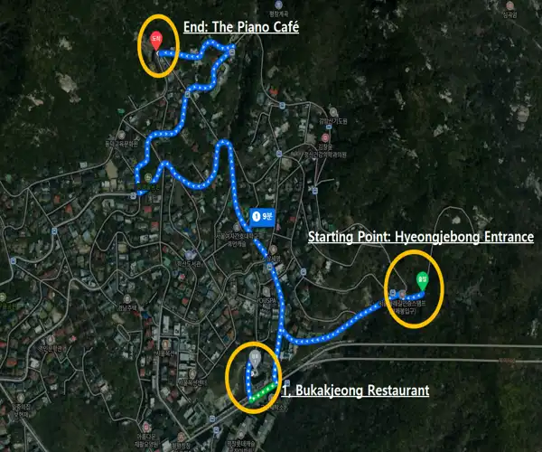 Map of Seoul Dullegil Course 18 showing the walking route from the starting point to Pyeongchang-dong finishing area through residential hillside paths.