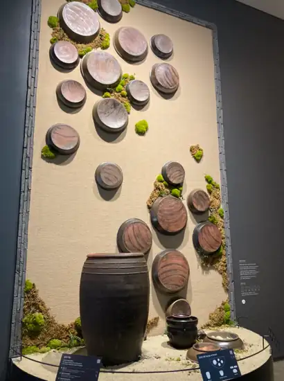 Seoul Kimchi Class fermentation jars displayed at the Kimchi Museum in Insadong