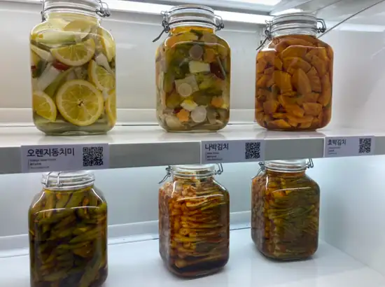 Seoul Kimchi Class display showing various traditional kimchi jars at the Kimchi Museum in Insadong