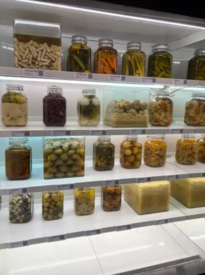 Seoul Kimchi Class display featuring various traditional kimchi and fermented foods at the Kimchi Museum in Insadong