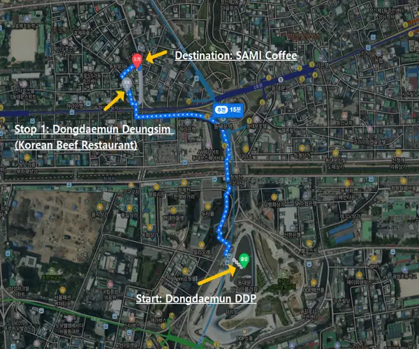 Map route from Seoul Light DDP to SAMI Coffee with a stop at Dongdaemun Deungsim, highlighted walking path and location markers shown on city map.
