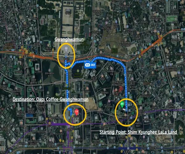 Route map from Shim Kyunghee LaLa Land to Oats Coffee Gwanghwamun with walking path highlighted near Seoul Light Gwanghwamun area
