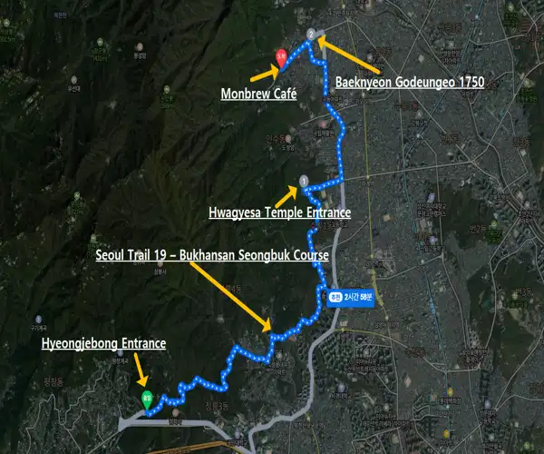Route map showing the Seoul Trail 19 Bukhansan Seongbuk Course with marked locations including Hyeongjebong Entrance, Hwagyesa Temple Entrance, Baeknyeon Godeungeo 1750, and Monbrew Café.