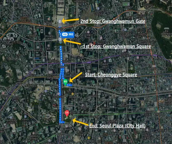 Walking route map for the Seoul Winter Festa, showing the path from Cheonggye Square to Gwanghwamun Gate and ending at Seoul Plaza.