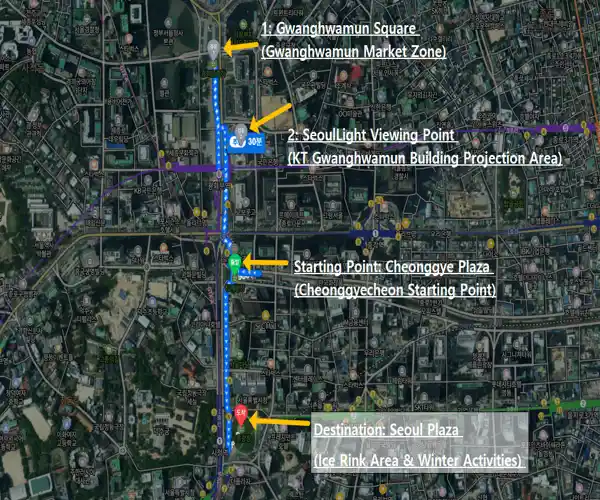 Route map showing the Seoul Winter Festival course from Cheonggye Plaza to Gwanghwamun Market, SeoulLight viewing point, and Seoul Plaza ice rink.