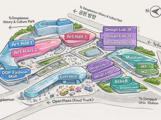 Cartoon-style DDP space guide map showing zones for the seoulcon 2025 schedule (Art Hall 1, Art Hall 2, Design Lab 1F–3F, Museum, Open Plaza, DDP Fashion Mall).