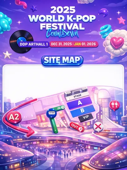 Futuristic cartoon-style site map for the World K-Pop Festival Countdown at DDP Art Hall 1, included in the seoulcon 2025 schedule (zones A, B, VIP and entry/exit).