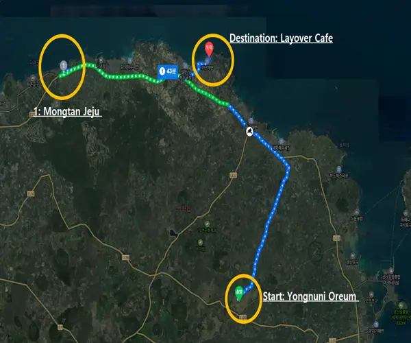 Route map from Yongnuni Oreum to Mongtan Jeju and Layover Cafe along Jeju’s eastern coastline.
