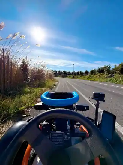 Driver’s view on the Race 981 kart at 9.81 PARK JEJU, heading into a sunny road section