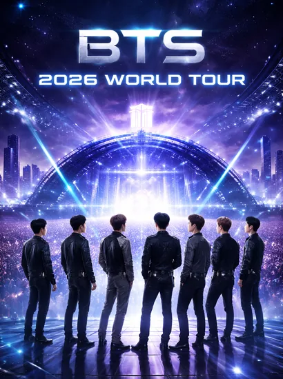 BTS 2026 world tour tickets futuristic concert poster in neon stadium, 410x550
