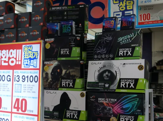 Stacked GPU and graphics card boxes inside ETLand in Yongsan, Seoul