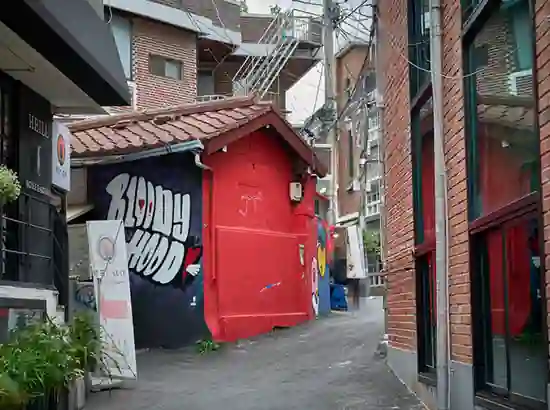 Street art mural and a red house in a narrow alley in Itaewon, Seoul