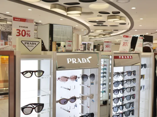PRADA eyewear and sunglasses display inside Lotte Duty Free Myeongdong Main Store in Seoul, Korea.