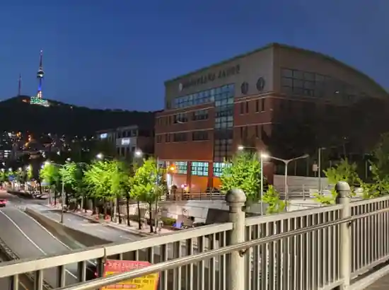 Night view of Namsan Tower and Seoul traffic seen from an overpass near Itaewon