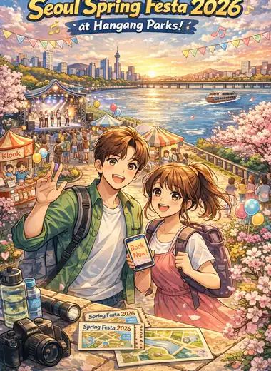 Seoul Spring Festa 2026 at Hangang Parks in a shojo manga-style scene with cherry blossoms, stage performance, and festival booths