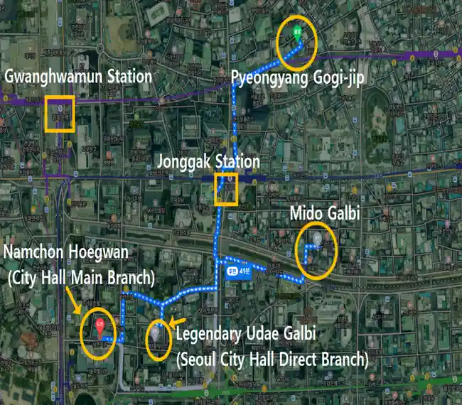 Map showing Best Korean BBQ in Seoul near Gwanghwamun Station, Jonggak Station, and City Hall, including Pyeongyang Gogi-jip, Namchon Hoegwan, Legendary Udae Galbi, and Mido Galbi.
