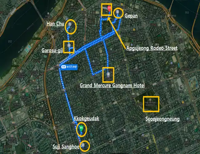 Map showing the route between Kkokgeudak, Suji Sanghoe, Han Chu, Gepan, Garosu-gil, Apgujeong Rodeo Street, and Grand Mercure Gangnam Hotel in Seoul