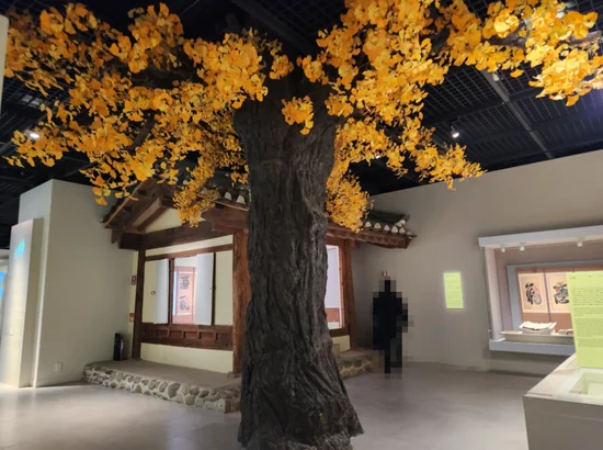 Indoor ginkgo tree installation inside the museum exhibition hall