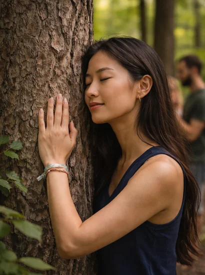 Person with eyes closed gently touching a tree trunk in a forest on Nami Island