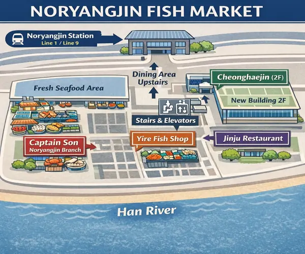 Noryangjin Fish Market restaurants map showing where to buy fish downstairs and where to eat upstairs near Noryangjin Station