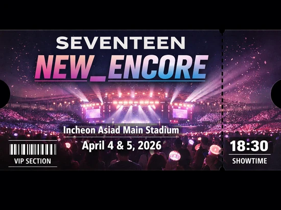 Ticket-style image for seventeen encore incheon asiad main stadium how to get there, showing the venue, dates (April 4–5, 2026), and 18:30 showtime.