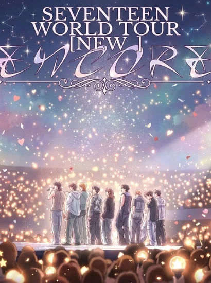 Shojo manga-style concert illustration for SEVENTEEN ENCORE ticketing, showing SEVENTEEN on stage with warm spotlight glow and a sky full of sparkling lights above the crowd.