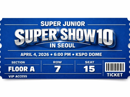 Ticket-style graphic for SUPER JUNIOR SUPER SHOW 10 in Seoul at KSPO DOME, showing the show title and date/time details.