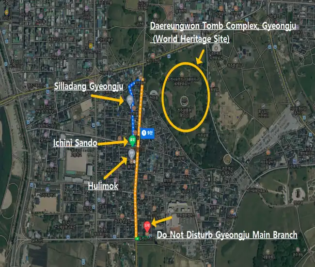 Map showing the best dessert cafes in Hwangridan-gil, Gyeongju, including Ichini Sando, Silladang Gyeongju, Hulimok, Do Not Disturb Gyeongju Main Branch, and Daereungwon Tomb Complex.