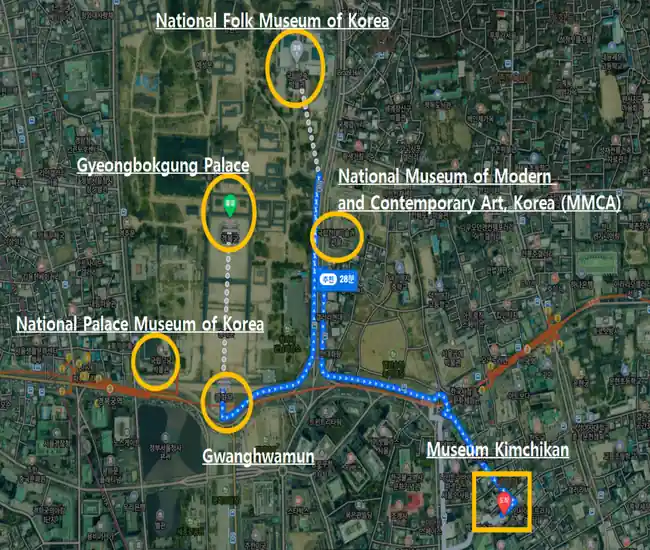 A route map showing major cultural attractions between Insadong and Gyeongbokgung in Seoul, including Museum Kimchikan, Gwanghwamun, and nearby museums.