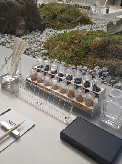 Seongsu perfume workshop at Dot Note with fragrance materials and a self-blending table