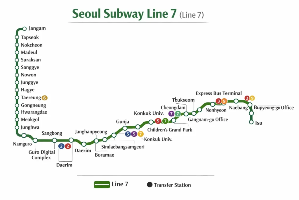 Route map image of Seoul Subway Line 7 showing major stations and transfer points from Jangam to Isu