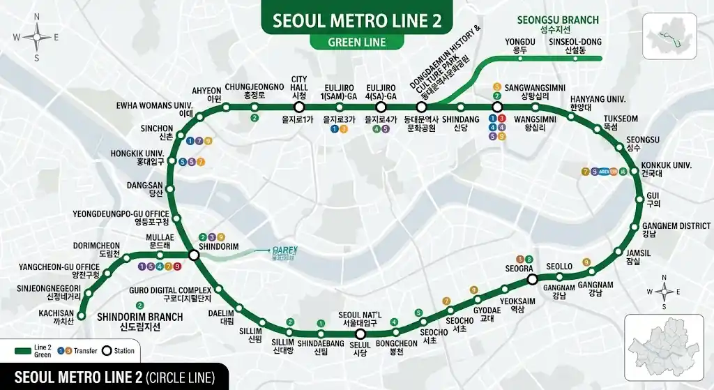 Seoul subway lines 2 3 4 image showing the full Seoul Metro Line 2 map with major