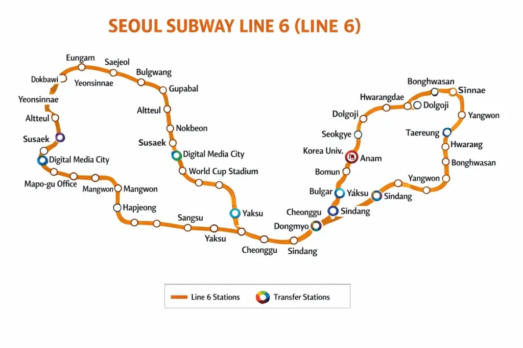 Seoul subway map showing Line 6 stations, transfer points, and the loop section from Eungam to Sinnae