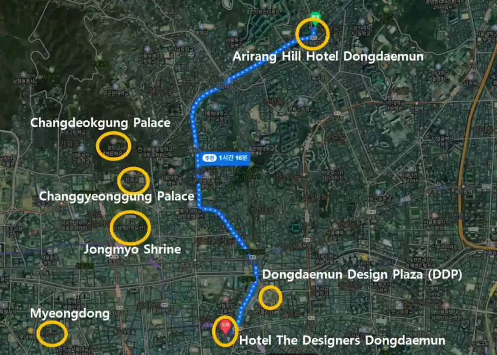 Map showing the route from Arirang Hill Hotel Dongdaemun to Dongdaemun Design Plaza, with Changdeokgung Palace, Changgyeonggung Palace, Jongmyo Shrine, and Myeongdong marked along the way.