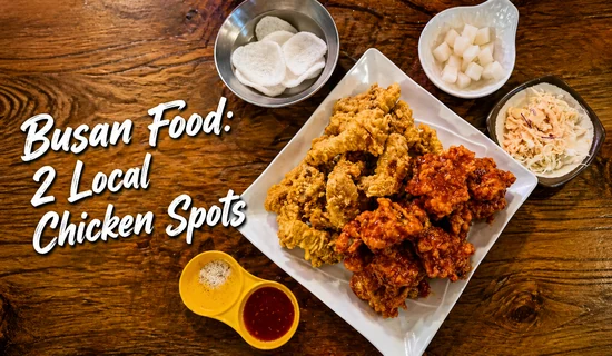 Busan food at Gohyang Chicken Main Branch with half fried chicken and half spicy sauce chicken