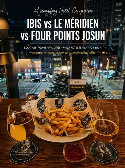 Beer and fries at Four Points by Sheraton Josun Seoul Myeongdong with a warm night view over the city streets through the window
